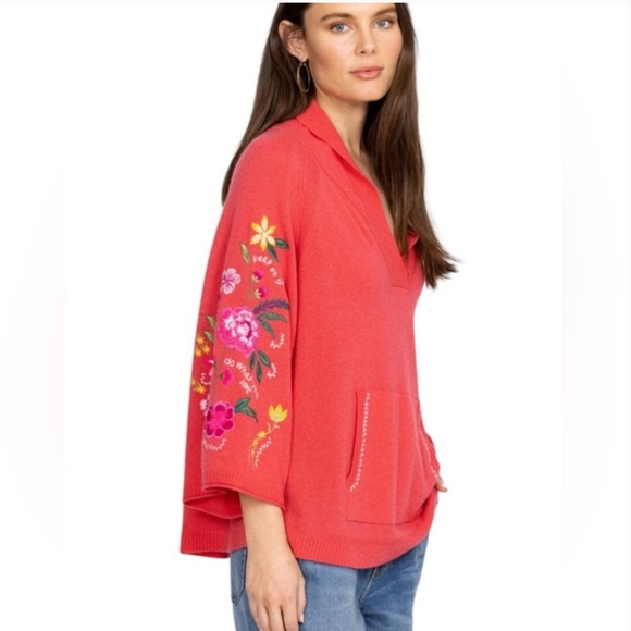 Johnny Was Sedona Cashmere Floral Embroidered V Neck Sweater - Coral - Picture 2 of 6